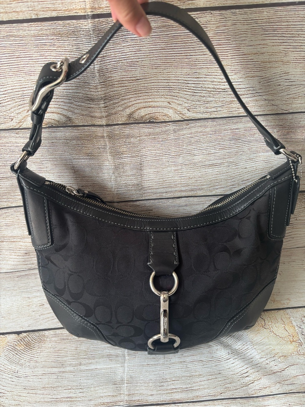 Coach Black Signature Hamptons Hobo Shoulder Bag Zip Silver HW, Y2K